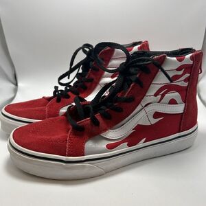 Vans Sk8 Hi Leather Retro Flames Red High Top Shoes Sneakers Jr 4.5
